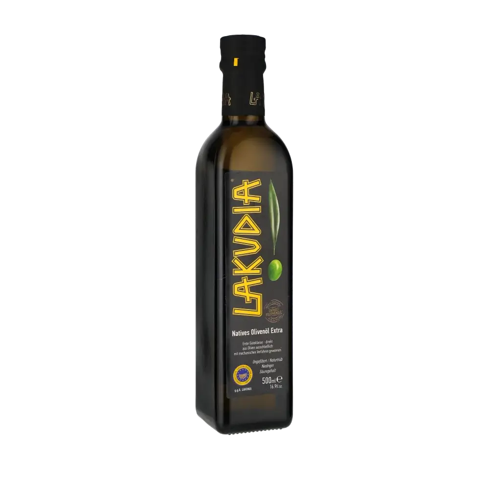 Lakudia Olivenölflasche mit schwarzem Etikett und gelber Schrift.