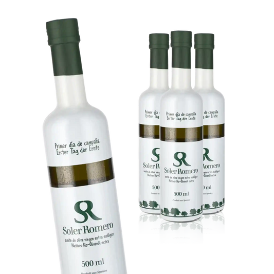 Vier Flaschen Soler Romero Olivenöl, erste Ernte.