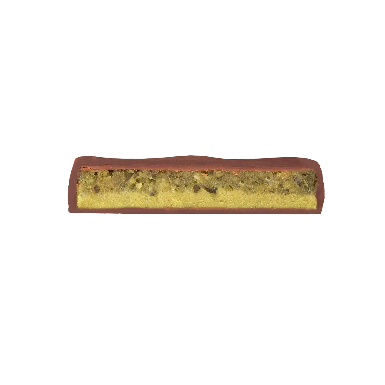 Kürbiskern-Marzipan-Schnitt mit Schokoladenüberzug, Nahaufnahme.