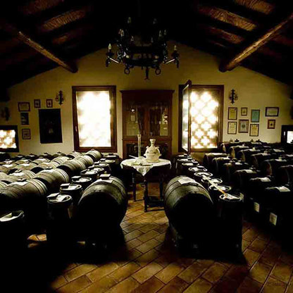 Weinfässer in rustikalem Raum mit Holzboden und Dekorationen.