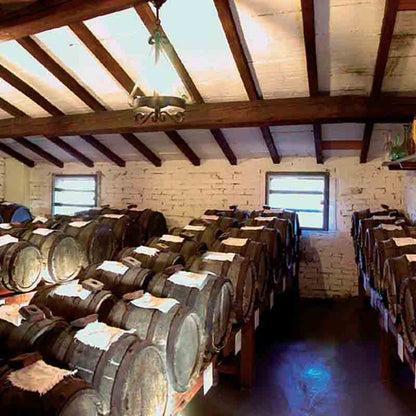 Holzfässer in einem Lagerraum für Essigproduktion.