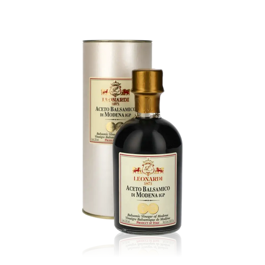 Leonardi Aceto Balsamico di Modena Flasche und Verpackung.