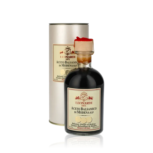 Leonardi Aceto Balsamico di Modena Flasche und Verpackung.