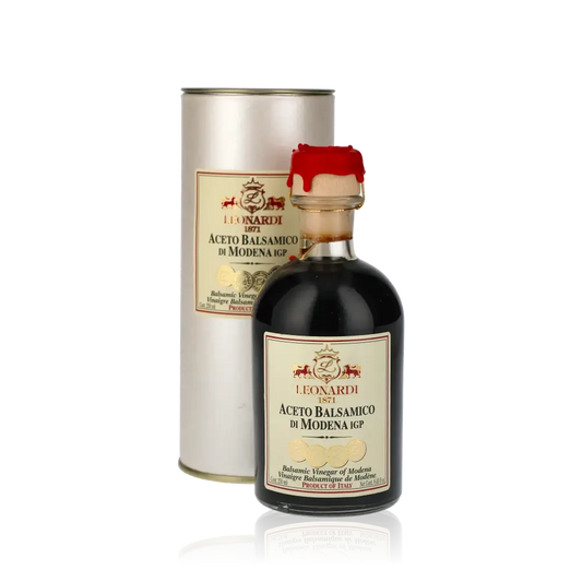 Leonardi Aceto Balsamico di Modena Flasche und Verpackung.
