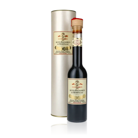 Acetaia Leonardi Balsamico di Modena Flasche und Verpackung.