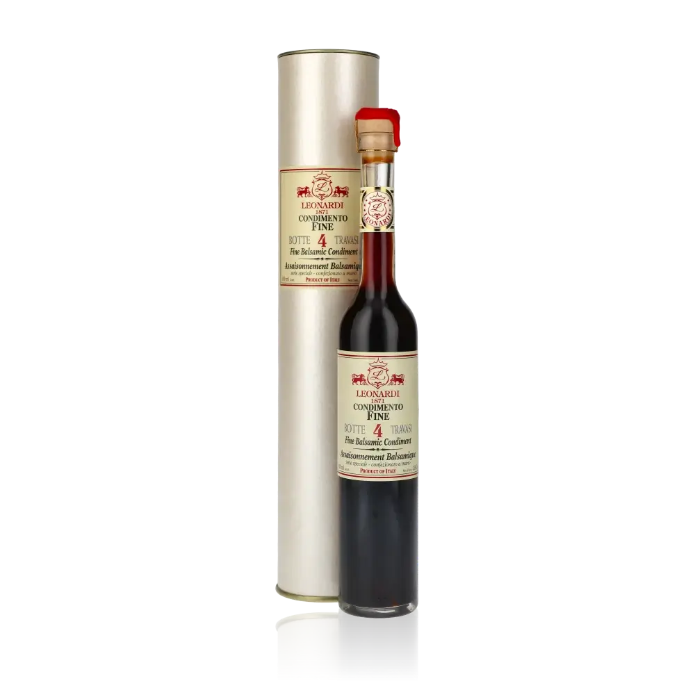 Acetaia Leonardi Balsamico-Essigflasche mit Verpackung.