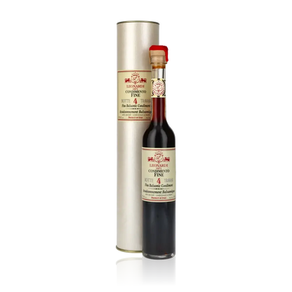 Acetaia Leonardi Balsamico-Essigflasche mit Verpackung.