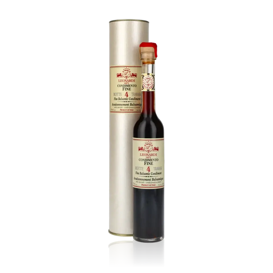 Acetaia Leonardi Balsamico-Essigflasche mit Verpackung.