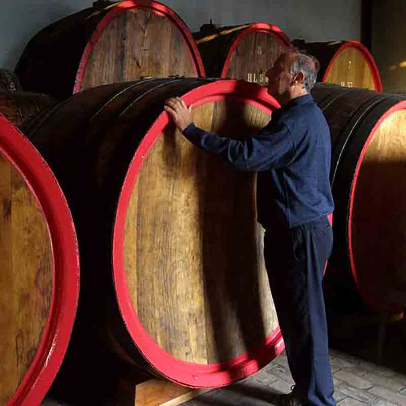 Mann inspiziert große Holzfässer.