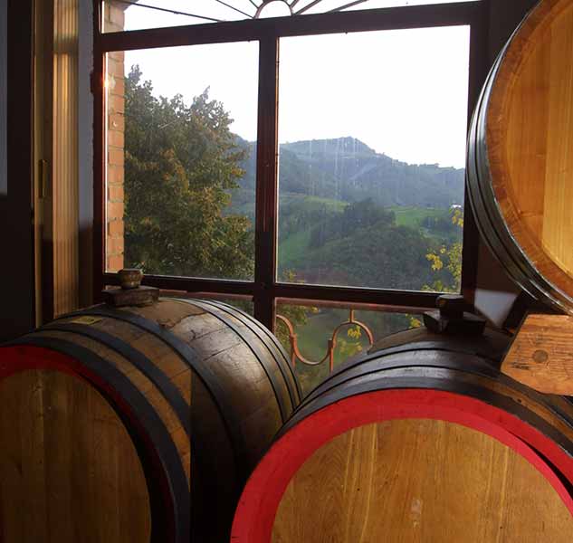 Holzfässer vor Fenster mit Landschaft im Hintergrund.