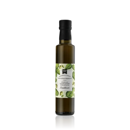 Flasche Agrumolio Basilikum Olivenöl vor schwarzem Hintergrund.