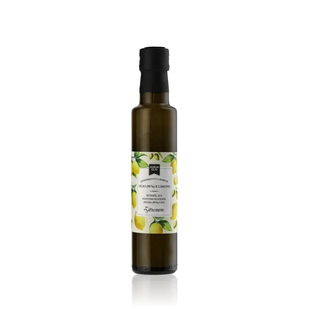 Agrumolio Zitrone Olivenöl Flasche vor schwarzem Hintergrund.