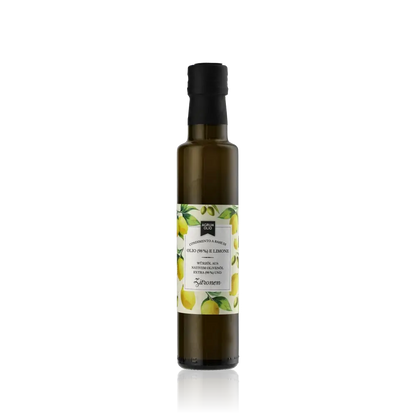 Agrumolio Zitrone Olivenöl Flasche vor schwarzem Hintergrund.