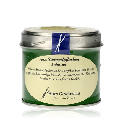 Altes Gewürzamt rosa Steinsalzflocken in grüner Dose.
