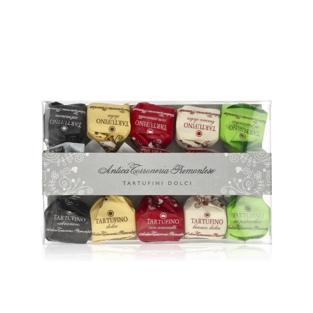 Verpackte Tartufini von Antica Torroneria Piemontese in verschiedenen Farben.