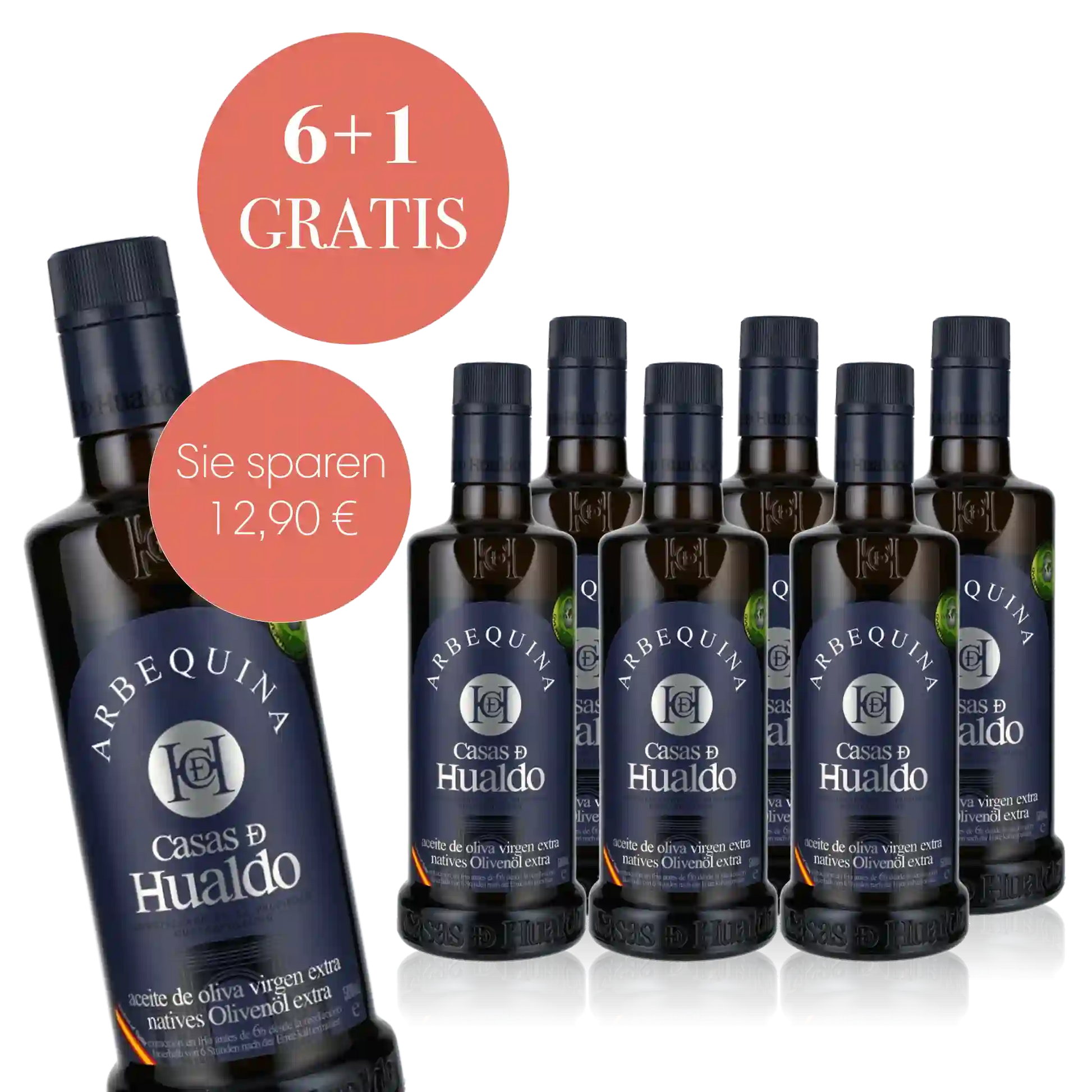 Sechs Flaschen Arbequina Olivenöl, eine gratis, Rabattangebot.