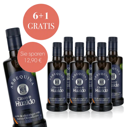 Sechs Flaschen Arbequina Olivenöl, eine gratis, Rabattangebot.