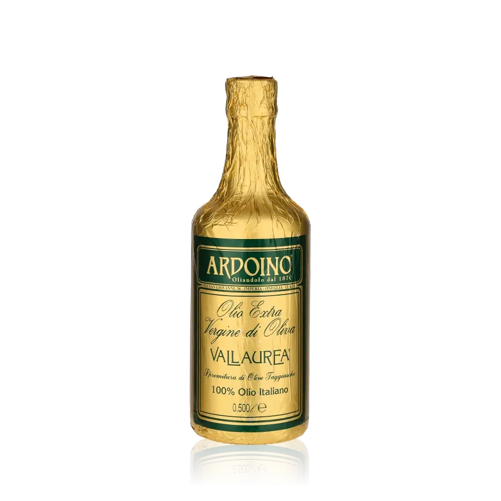 Ardoino Vallaurea Olivenöl Flasche, 500 ml, goldene Verpackung.