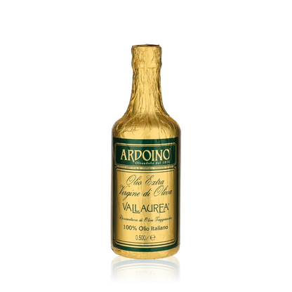 Ardoino Vallaurea Olivenöl Flasche, 500 ml, goldene Verpackung.
