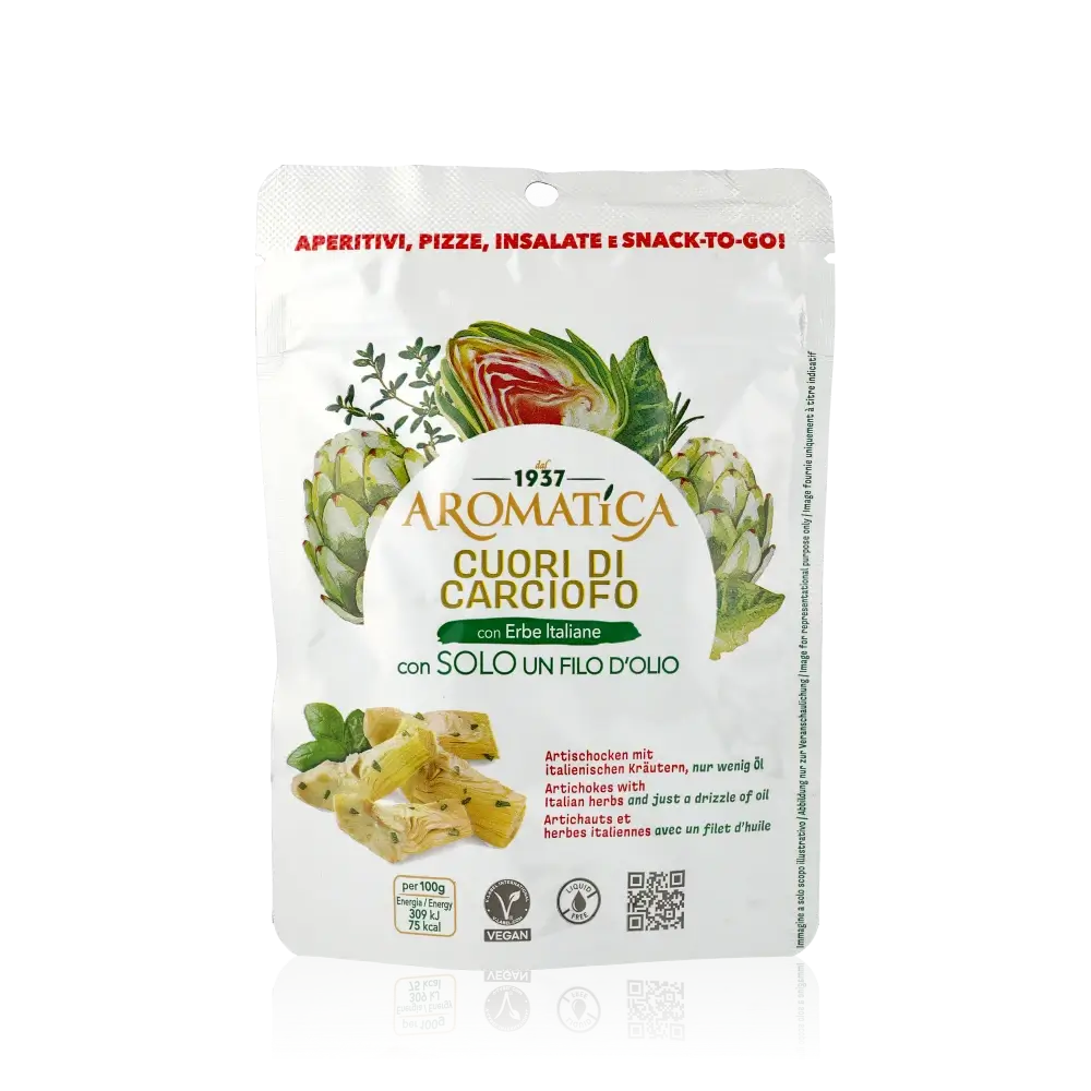 Feinkostverpackung Aromatica Artischockenherzen mit italienischen Kräutern.