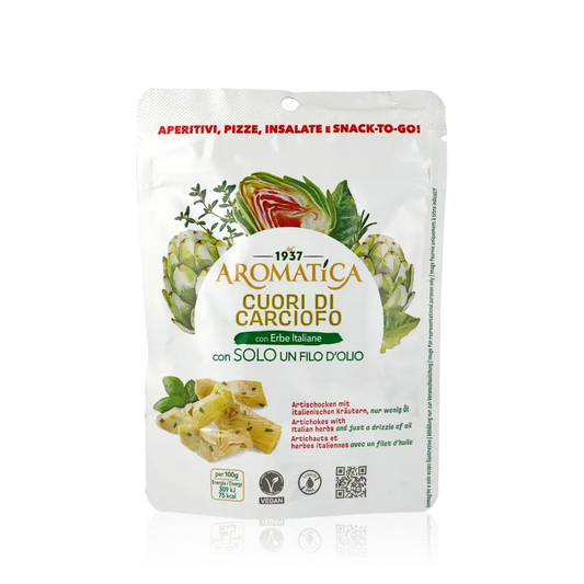 Feinkostverpackung Aromatica Artischockenherzen mit italienischen Kräutern.