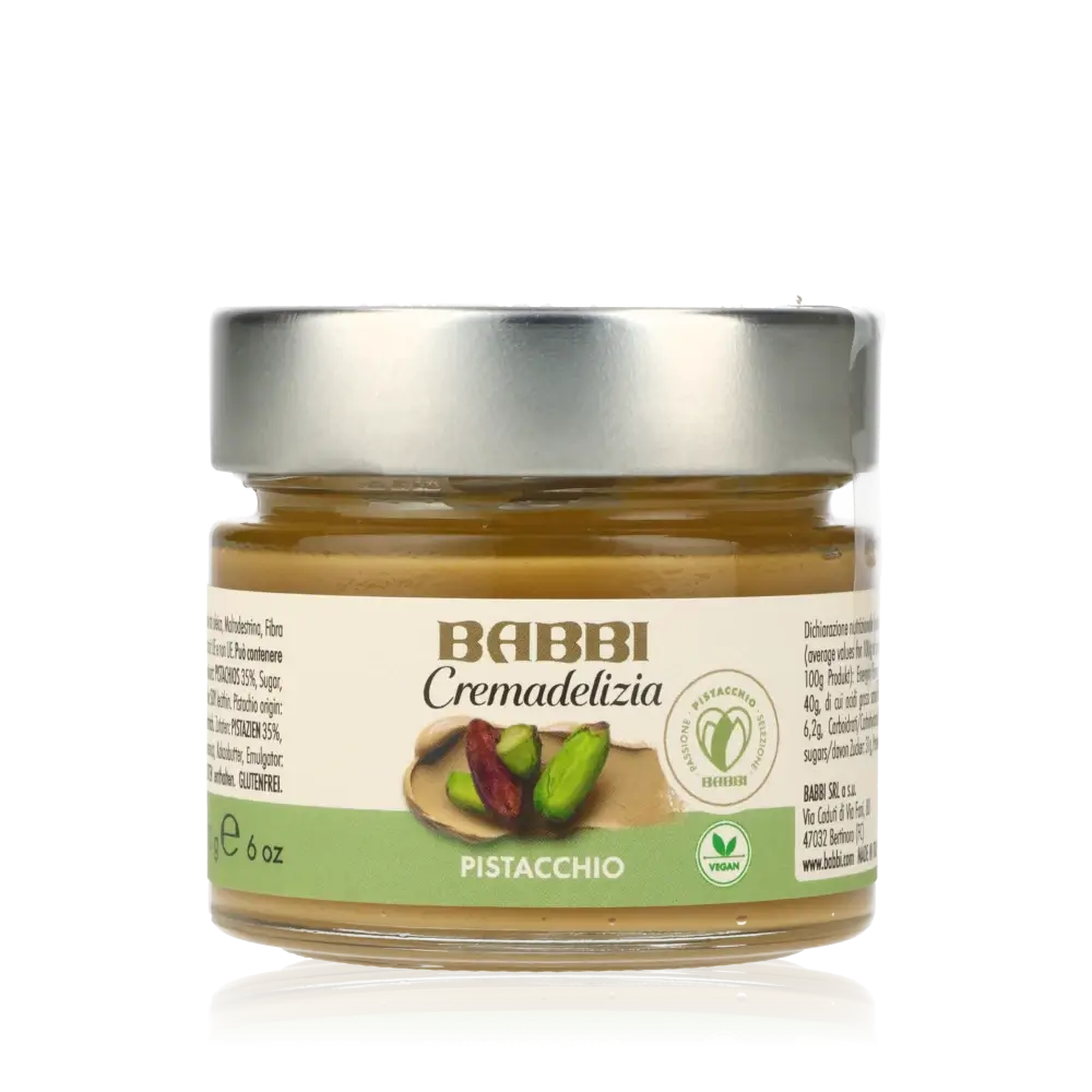 Babbi Pistaziencreme im Glas mit grünem Etikett.