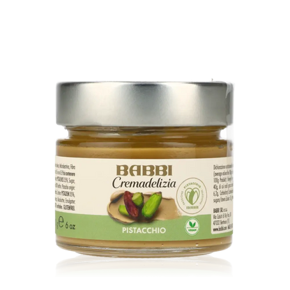 Babbi Pistaziencreme im Glas mit grünem Etikett.
