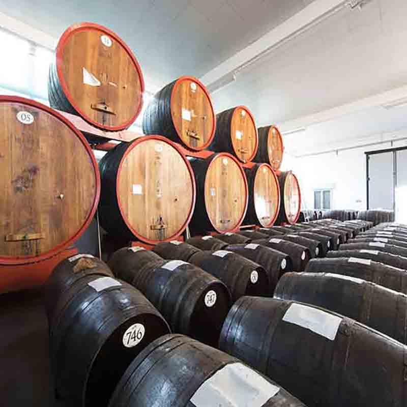 Weinfässer in einem Lagerraum, gestapelt und nummeriert.