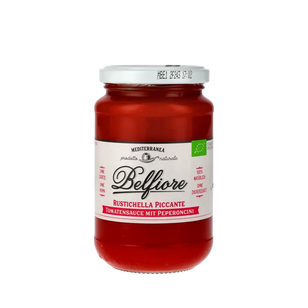 Belfiore Rustichella Piccante Tomatensauce mit Peperoncini Glas.