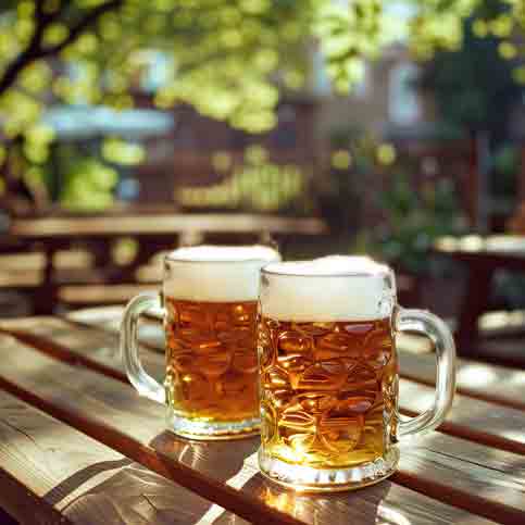 Zwei Bierkrüge auf Holztisch.
