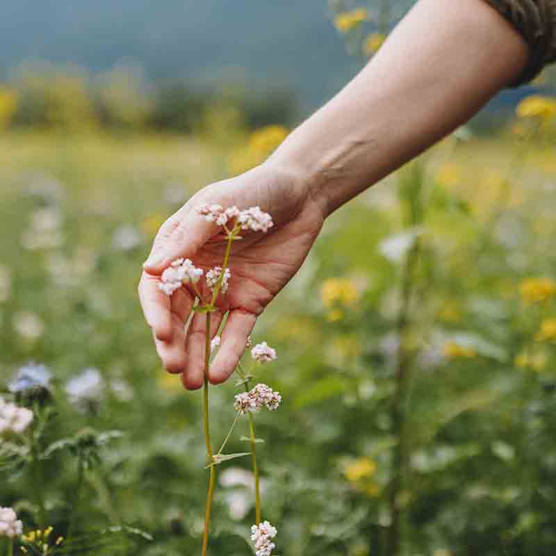 Hand pflückt Blume auf Wiese.