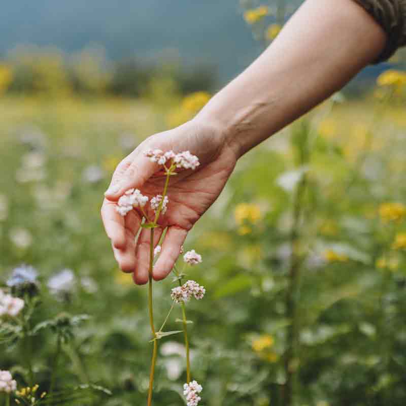 Hand pflückt Blume auf Wiese.