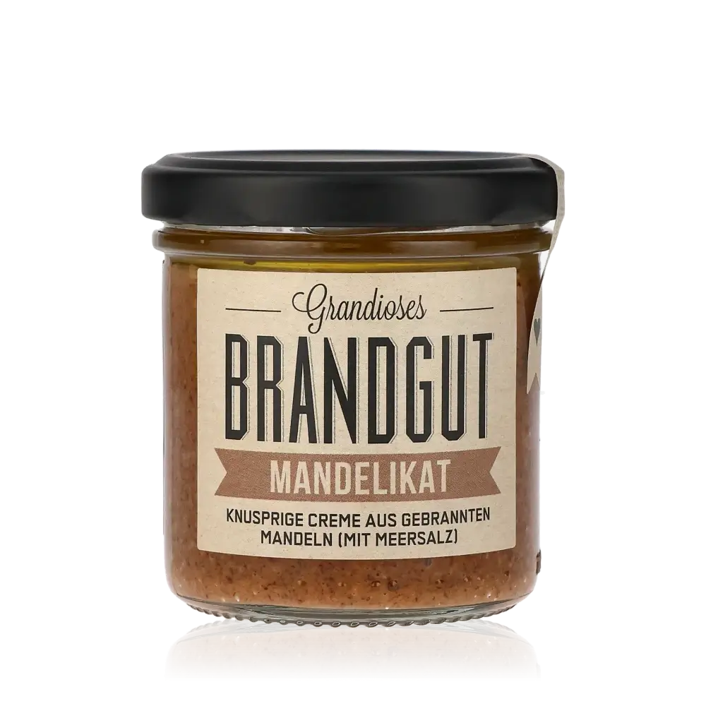 Brandgut Mandelikat Brotaufstrich Glas mit Etikett.