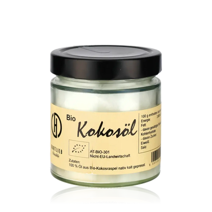 Hartlieb Bio Kokosöl Glas mit schwarzem Deckel.