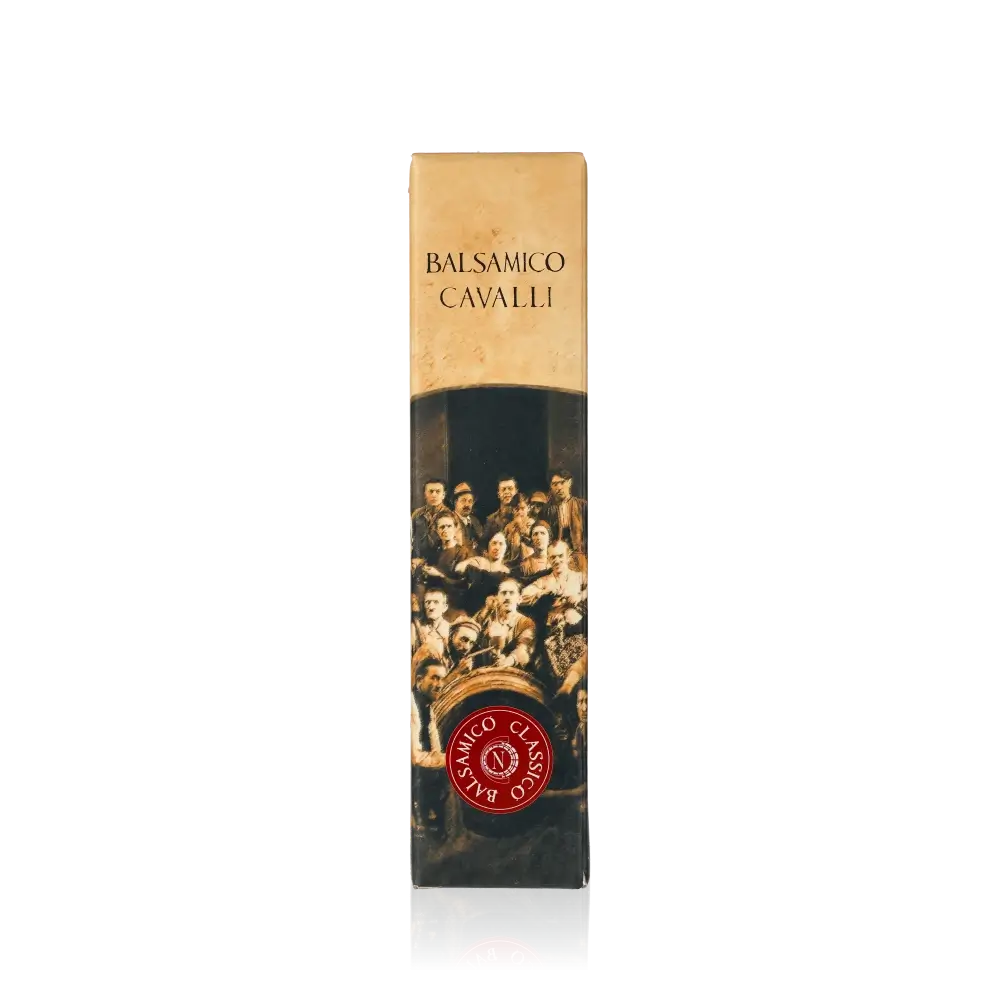 Balsamico Cavalli Essigverpackung mit klassischem Design und Logo.