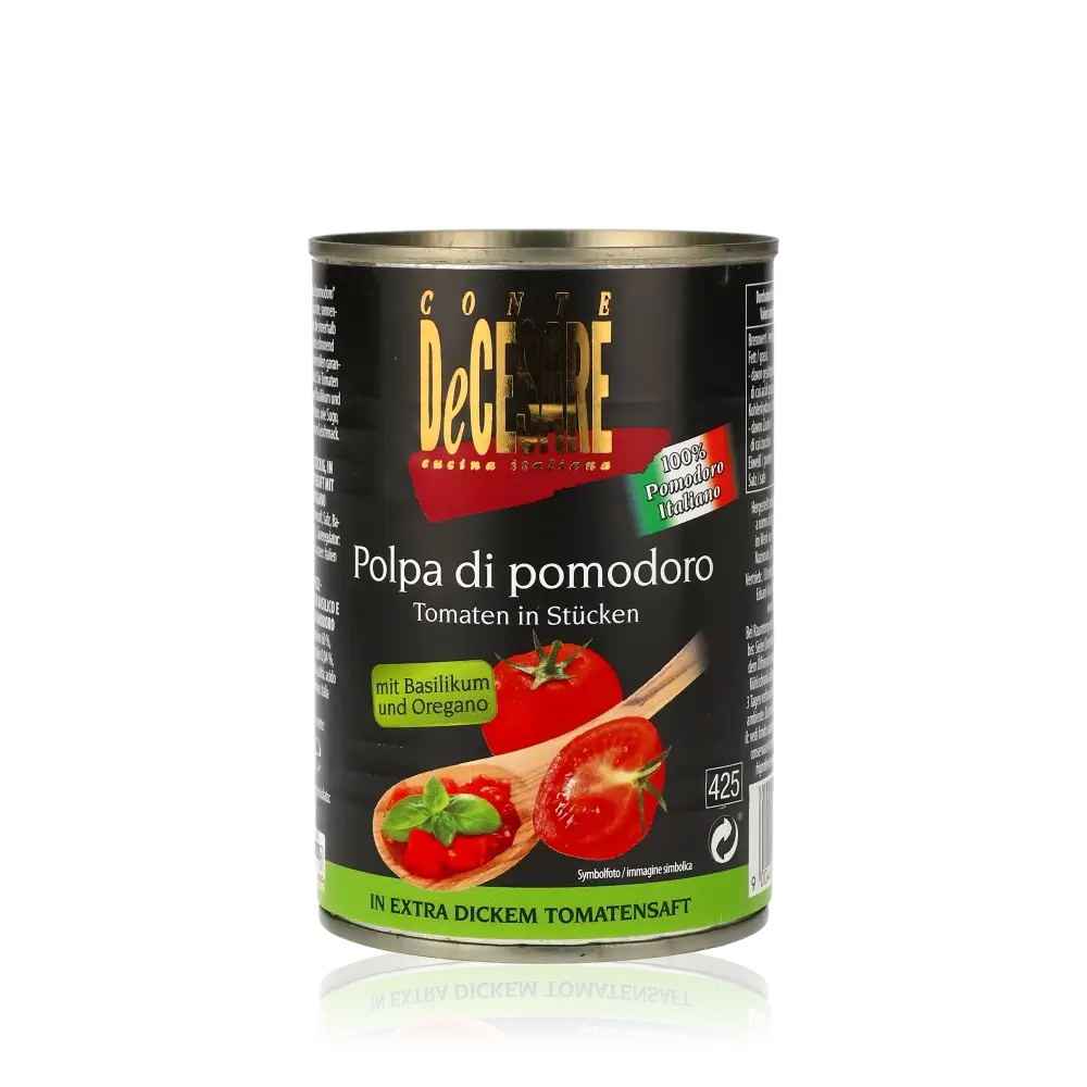 Dose Conte DeCesare Tomatenstücke mit Basilikum und Oregano.