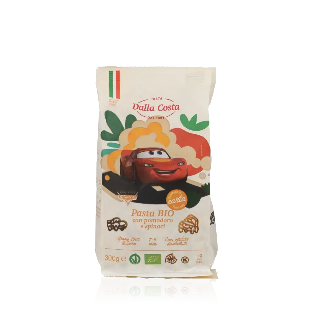 BIO Kindernudeln mit Disneys 'Cars' Motiv von Dalla Costa aus Hartweizen und natürlichen Färbemitteln wie Spinat und Tomate