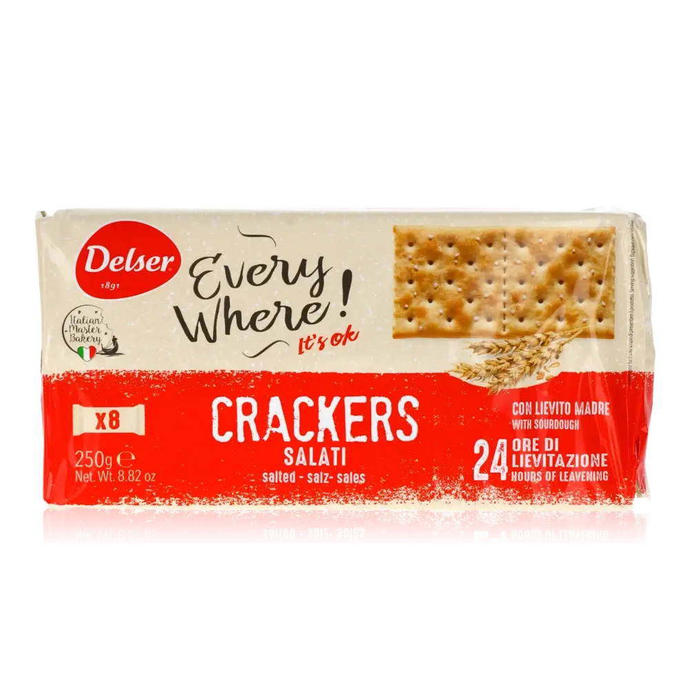 Delser Crackers Verpackung mit Salzgebäck und Weizenabbildung.