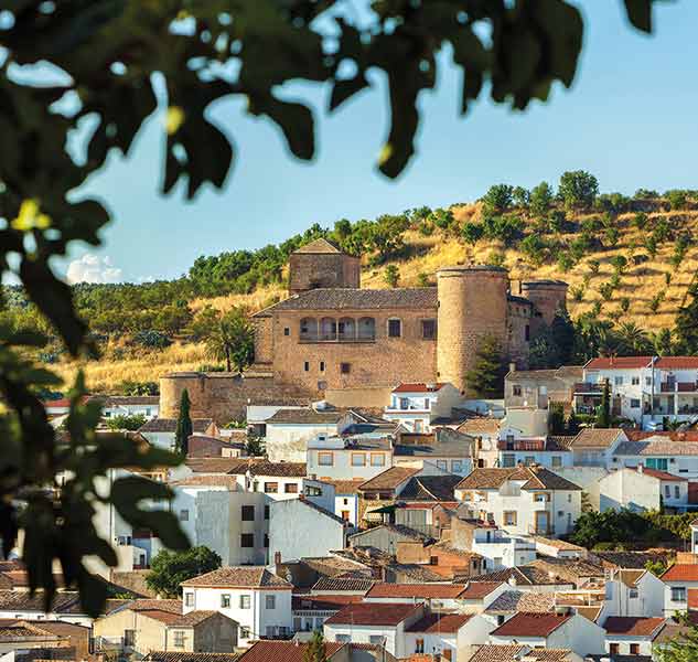 Burg über Dorf und Landschaft.