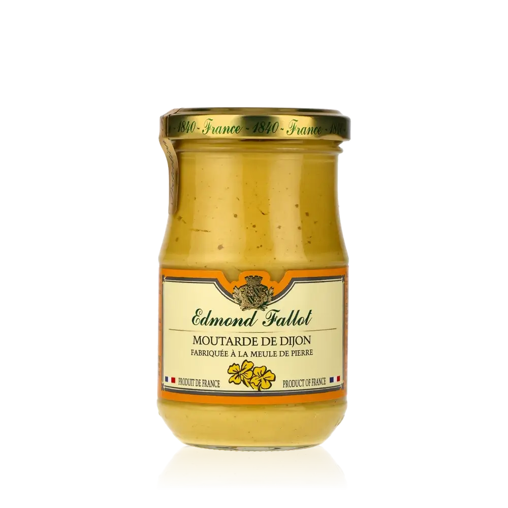 Edmond Fallot Dijon-Senf Glas mit gelbem Etikett.