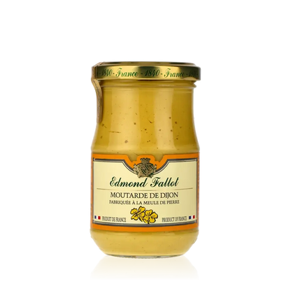 Edmond Fallot Dijon-Senf Glas mit gelbem Etikett.