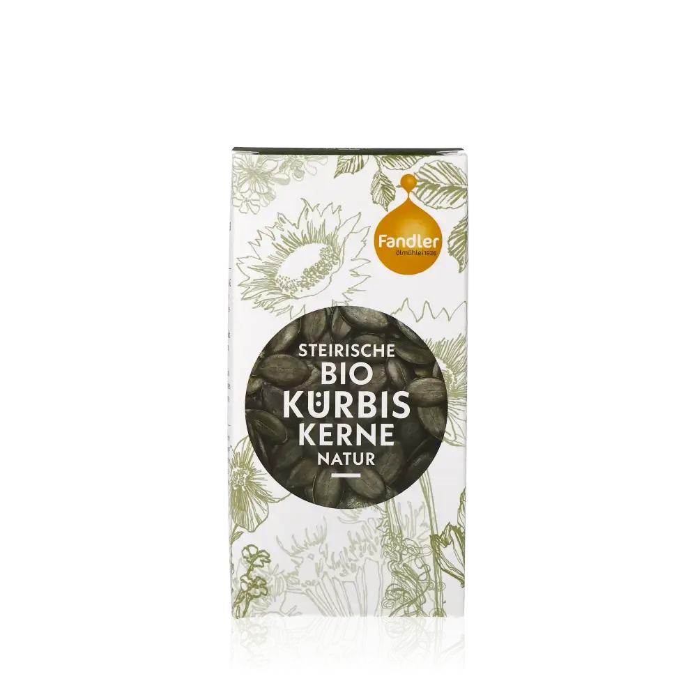 Fandler Bio Kürbiskerne natur in dekorativer Verpackung.