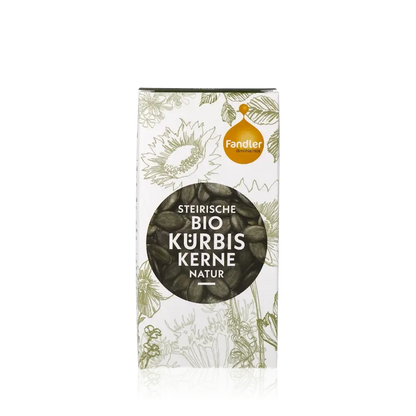 Fandler Bio Kürbiskerne natur in dekorativer Verpackung.