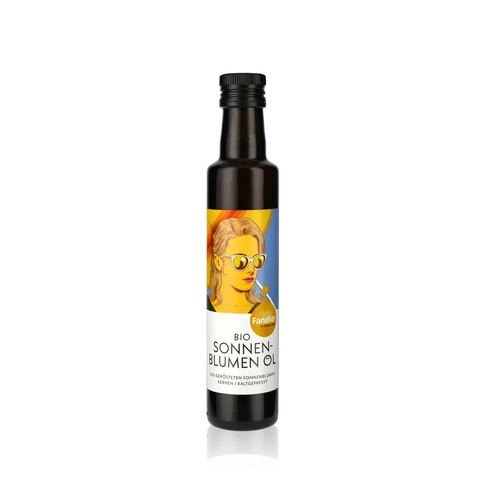 Fandler Bio Sonnenblumenöl Flasche vor schwarzem Hintergrund.