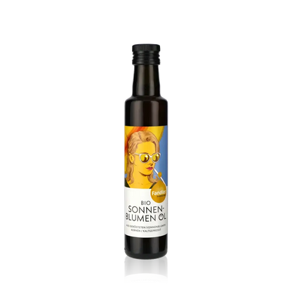Fandler Bio Sonnenblumenöl Flasche vor schwarzem Hintergrund.