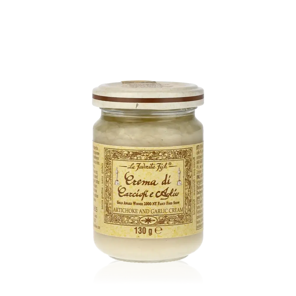 Glas mit Favorita Crema di Carciofi e Aglio Aufstrich.
