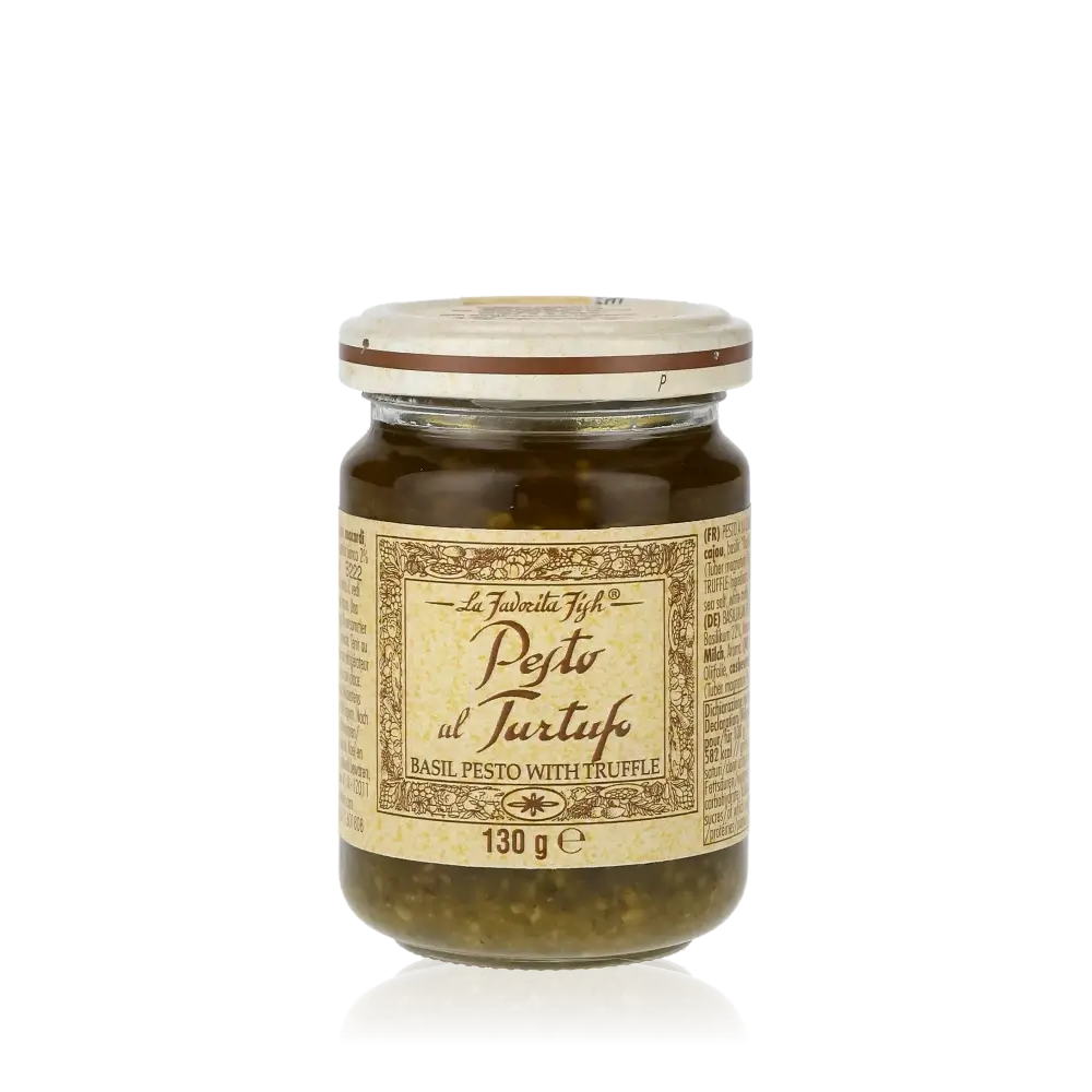 La Favorita Trüffel Pesto Glas 130g auf schwarzem Hintergrund.