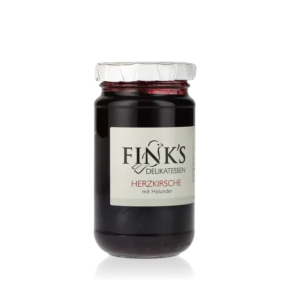 Fink's Delikatessen Herzkirsche Holunder Konfitüre Glas.