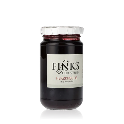 Fink's Delikatessen Herzkirsche Holunder Konfitüre Glas.