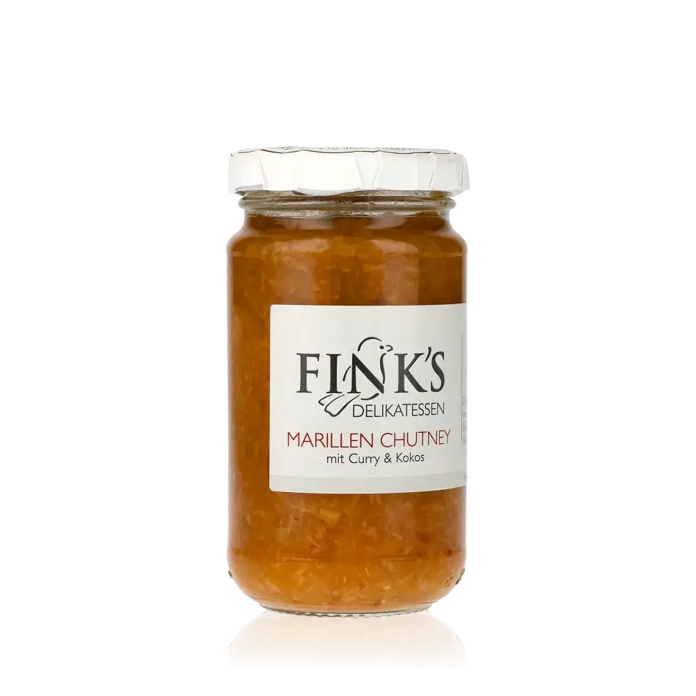 Fink's Delikatessen Marillen Chutney Glas mit Etikett.